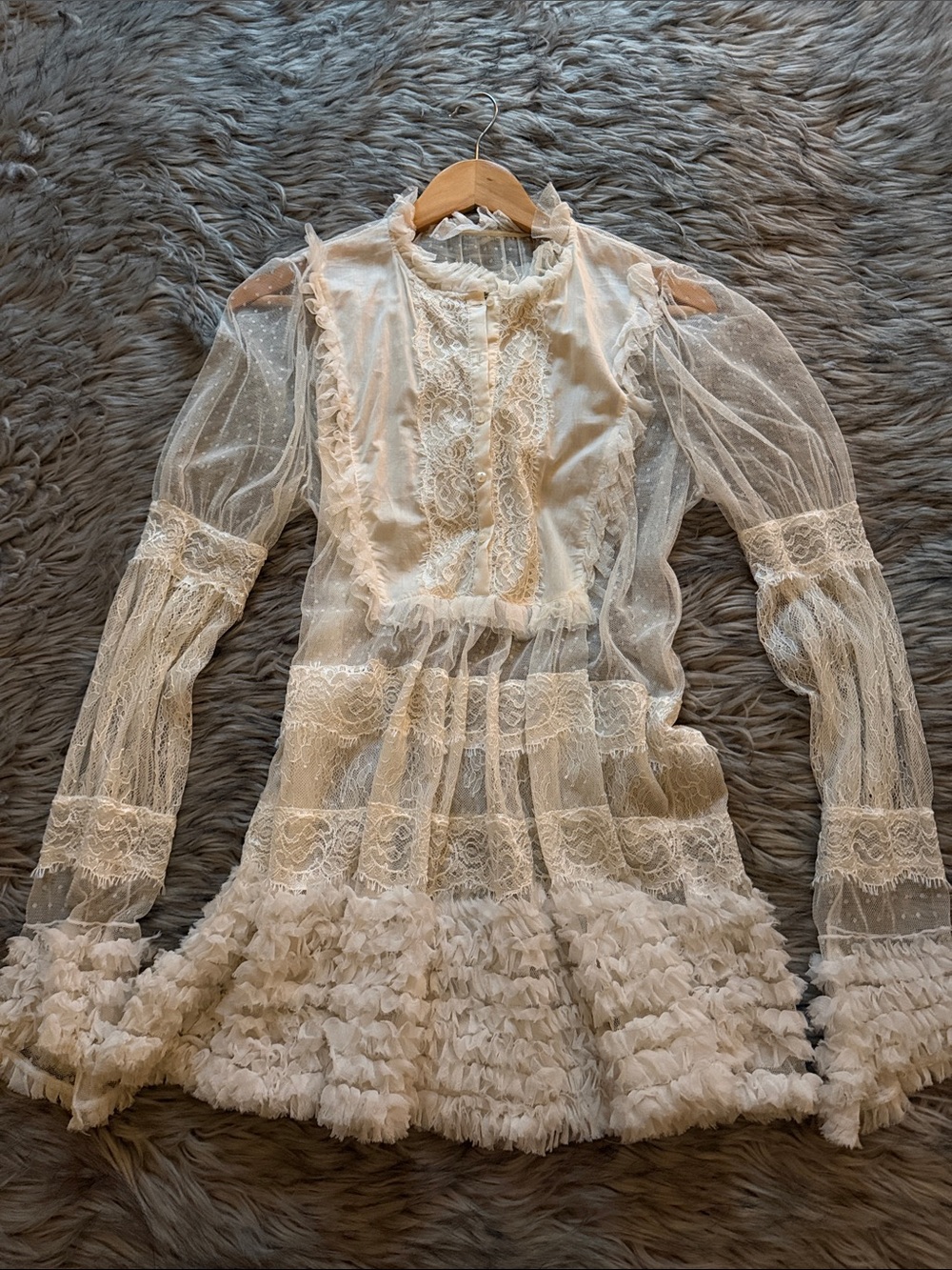 Vintage Cream Lace Ruffle Blouse Tunic Victorian Romantic